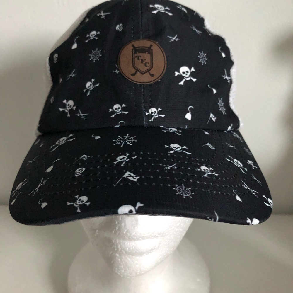 Navy Blue and White Trucker Skull and Crossbones Hat